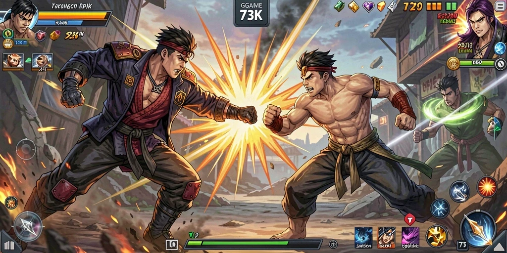 Screenshot dari gameplay 73K yang menampilkan aksi pertarungan.