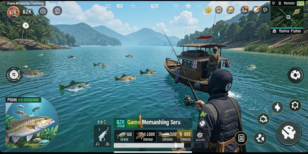 Tampilan gameplay 8ZK yang menakjubkan dengan suasana memancing.