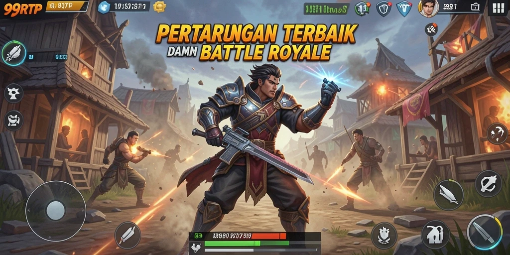 Tampilan mendebarkan dari pertempuran dalam 99RTP di arena Battle Royale.