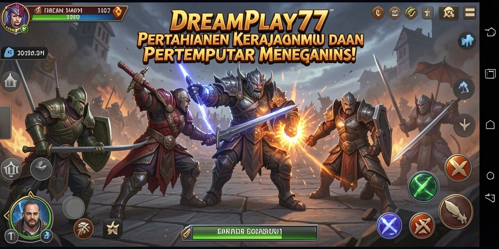 Gameplay menegangkan dalam <strong>DREAMPLAY77</strong>, tampilkan menara dan serangan musuh.