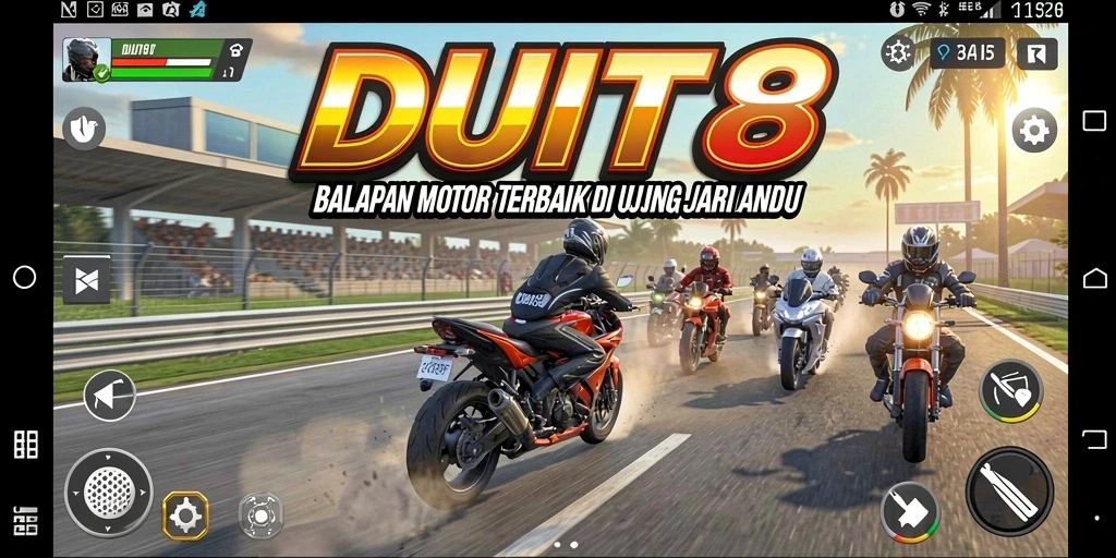 Screenshot gameplay DUIT8 yang menampilkan aksi balapan motor yang seru.