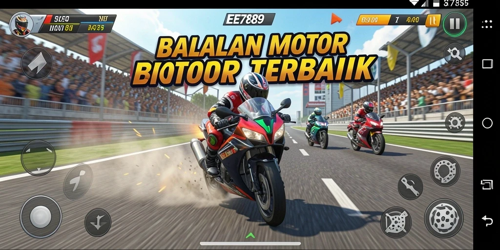Screenshot gameplay EE789 yang menunjukkan balapan motor yang intens.