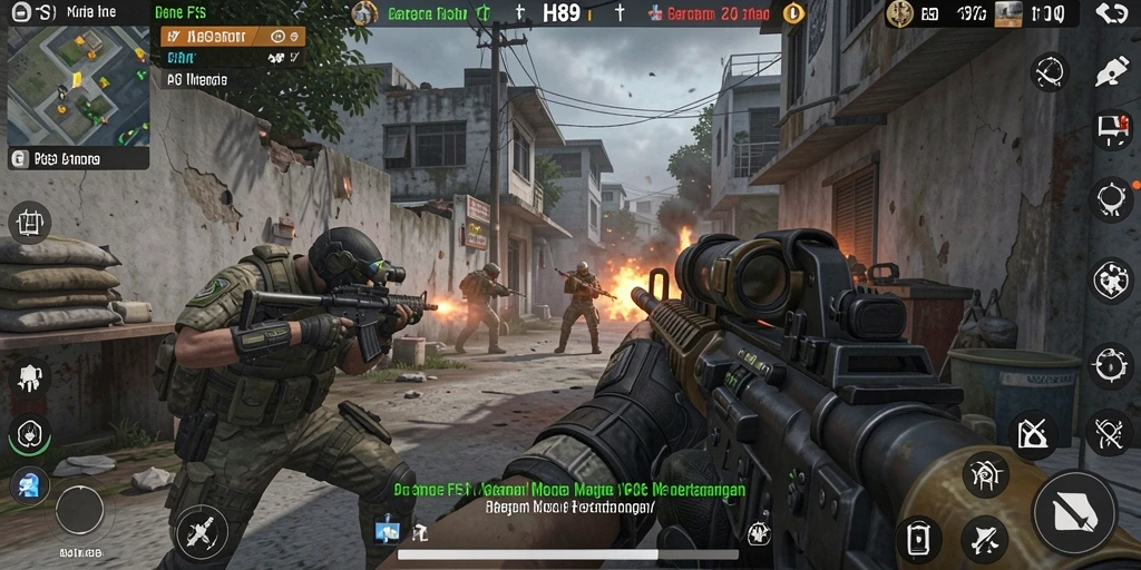 Screenshot gameplay H89 menampilkan aksi tembak-menembak yang intens.