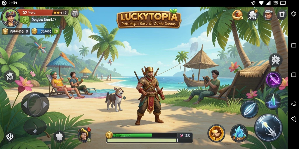 Screenshot gameplay LUCKYTOPIA dengan karakter lucu dan tantangan menarik.