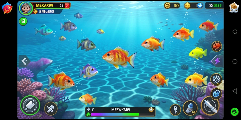 Screenshot gameplay MEKAR99 menampilkan aksi menembak ikan yang seru.