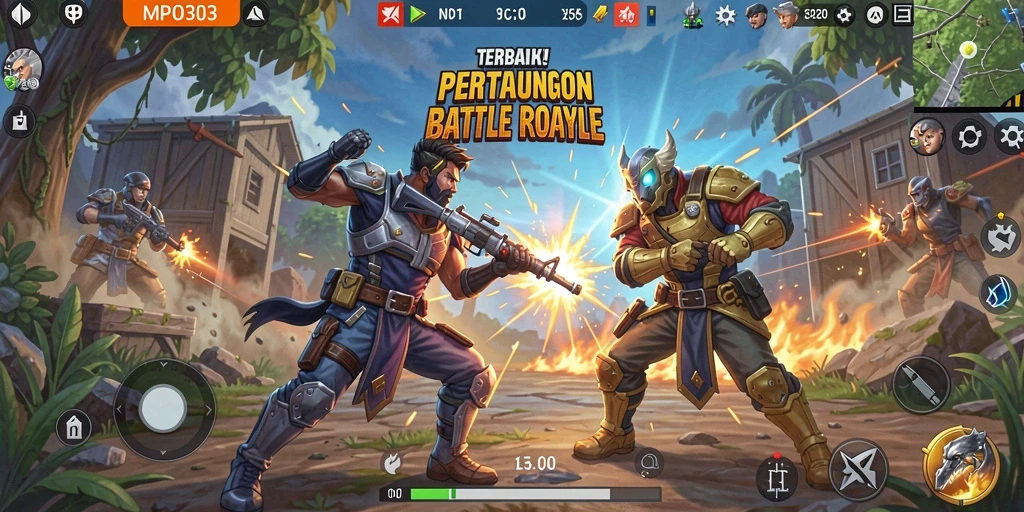 Screenshot utama MPO303 menunjukkan pertempuran intens di arena Battle Royale.