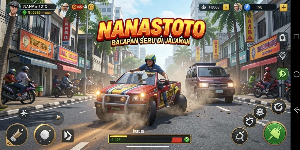 Tampilan gameplay NANASTOTO dengan mobil yang berpacu cepat di lintasan.