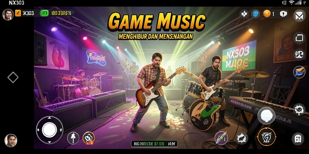 Screenshot NX303 menampilkan gameplay menarik dengan berbagai alat musik dan lagu.