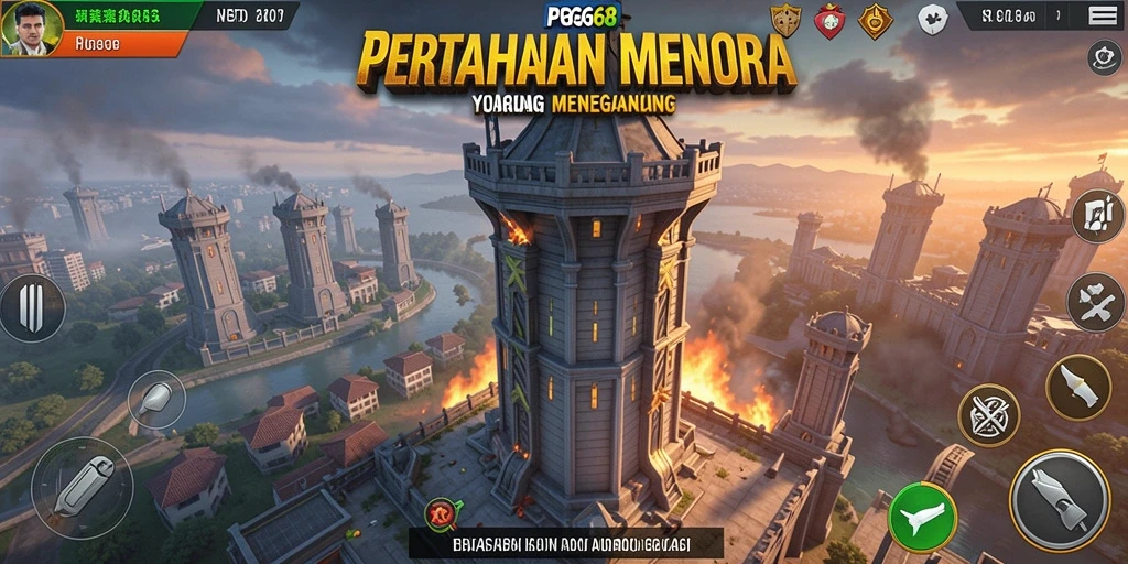 Screenshot menunjukkan aksi menara bertahan melawan gelombang musuh.