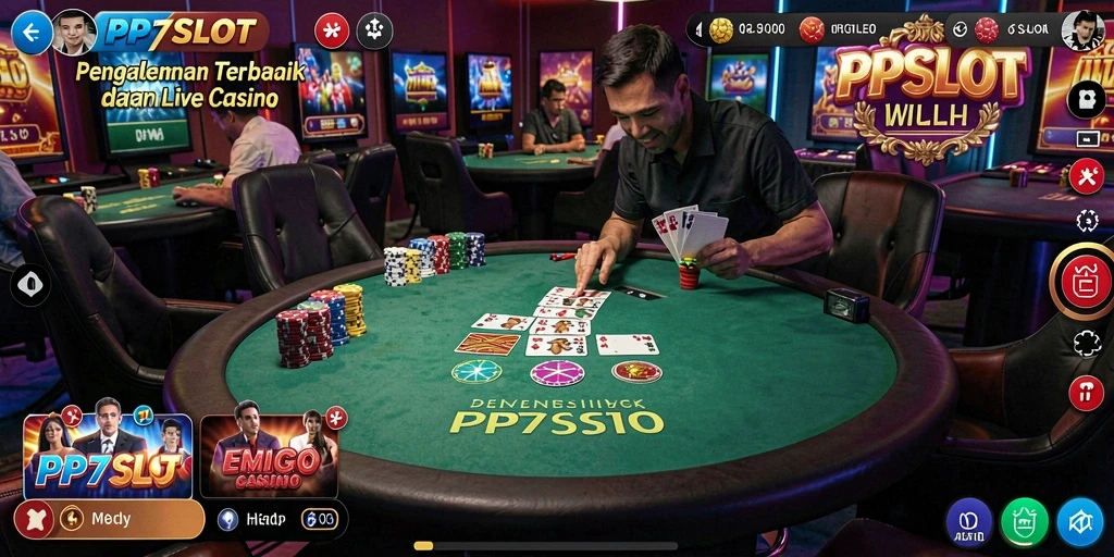 Screenshot gameplay PP7SLOT menampilkan dealer langsung dan interaksi pemain yang seru.