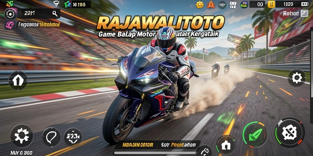 Screenshot gameplay RAJAWALITOTO menampilkan aksi balap motor yang seru.