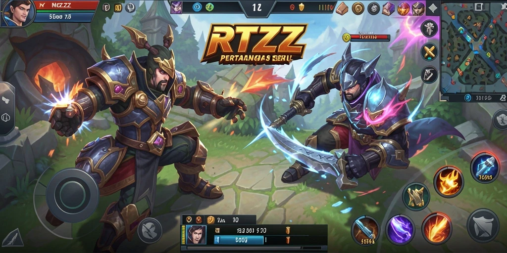 Screenshot utama RTZZ menampilkan aksi intens pertarungan dalam game MOBA.
